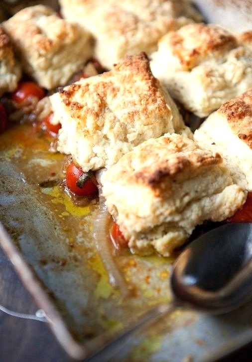 Cherry tomato cobbler with flaky goat cheese biscuits