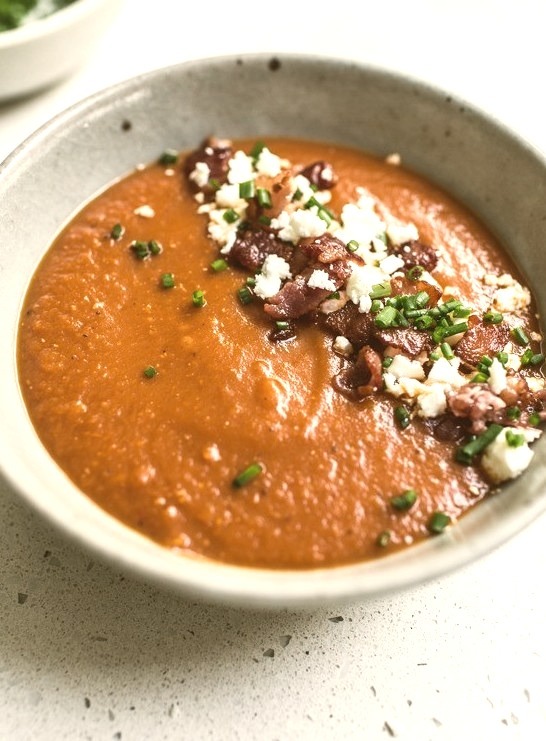 Tomato and Chargrilled Pepper Soup with Feta and Bacon