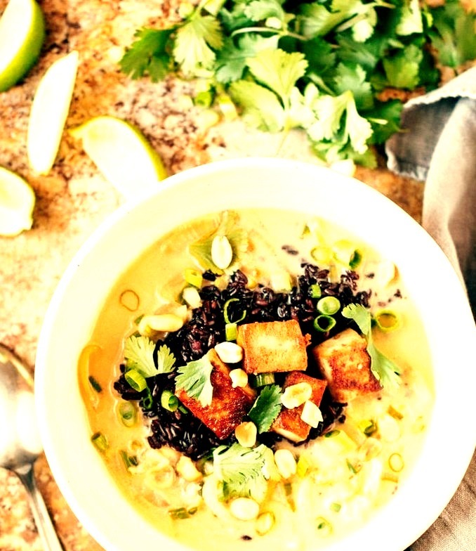 ginger + lemongrass infused thai soup with crispy tofu and wild rice