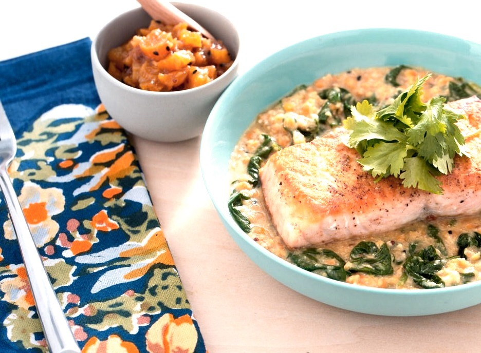 Lentil-Crusted Salmon with Spinach-Yogurt Dal & Apricot Chutney